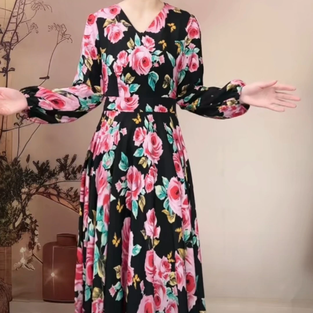 嫣雨蔻长裙V领常规连衣裙V领修身显瘦X504-250A