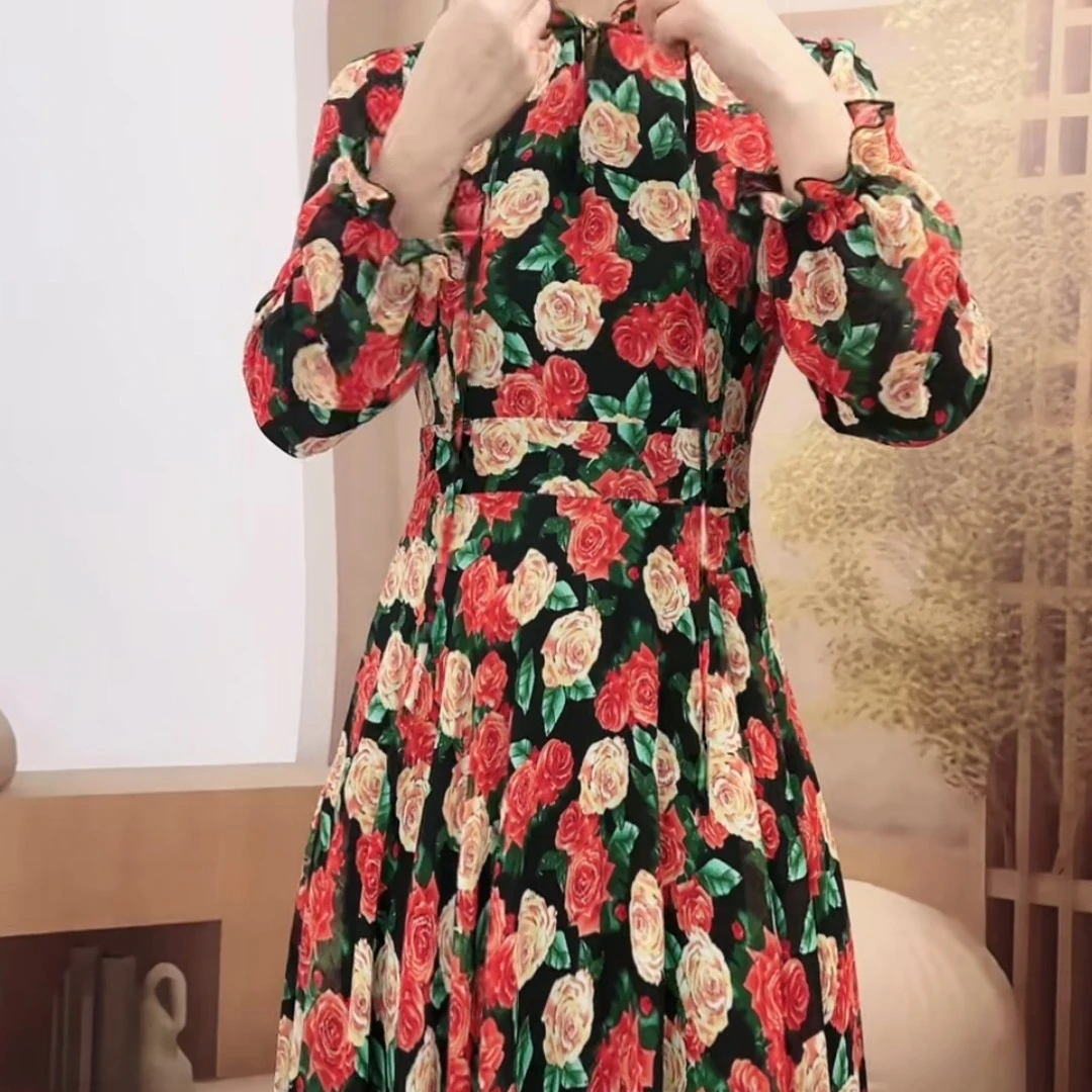 复古百褶裙收腰木耳领百搭女装长袖春夏季连衣裙修身中长款77-26