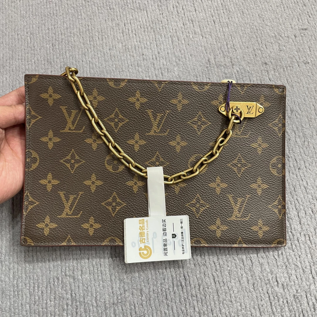 99新 LouisVuitton/路易威登 LV/老花金链手拿包/公文包/老德子