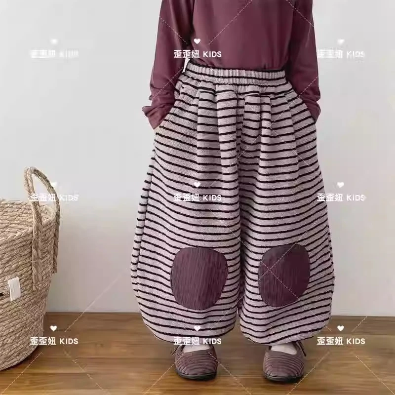 韩国童装男女宝宝洋气百搭条纹补丁可爱外出加绒长裤卫裤