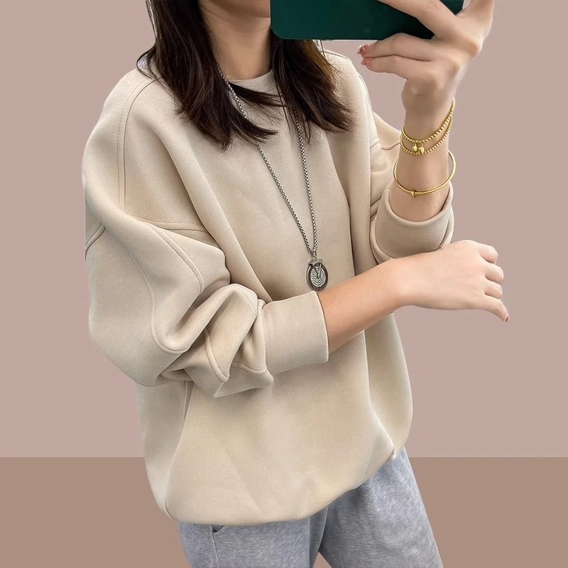 欧米朵卫衣女款2023秋冬季休闲女士上衣无帽套头女士圆领加绒加厚