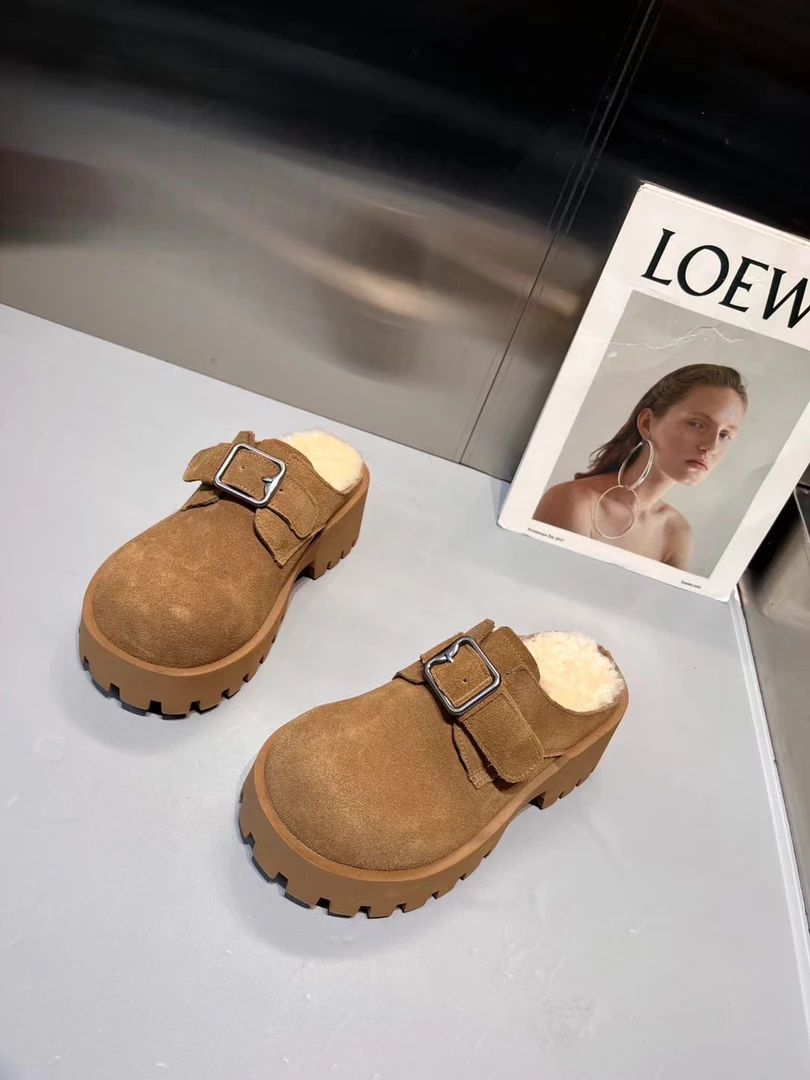 冬季加绒厚底包头拖鞋保暖时尚潮流百搭半拖鞋