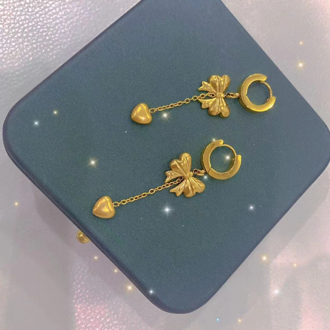钛钢耳饰 A-1810钛钢蝴蝶结流苏耳环