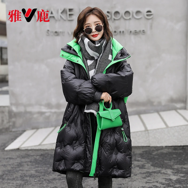 雅鹿长款过膝羽绒服女装宽松撞色韩版时尚保暖连帽派克服外套女