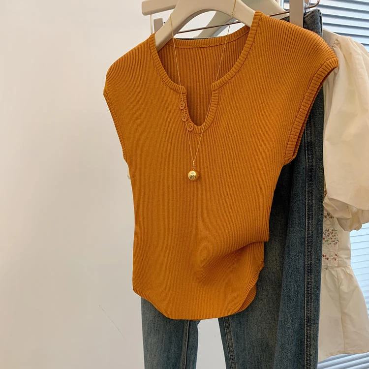 2025新款橘色U领正肩冰丝小飞袖上衣女夏季短款修身辣妹针织上衣