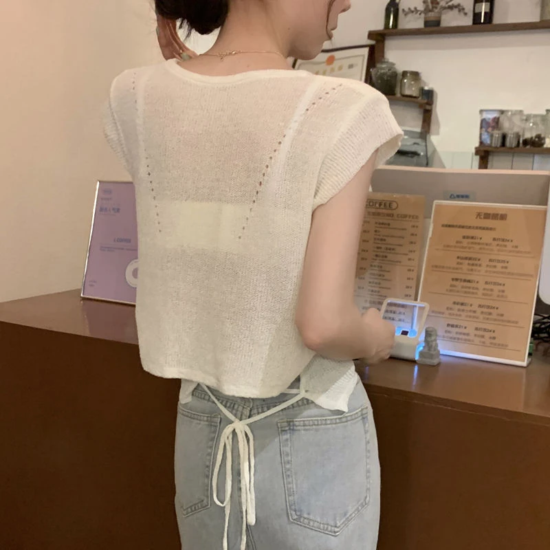 夏季薄款镂空透气冰丝针织罩衫上衣洋气别致独特时尚短袖t恤女潮