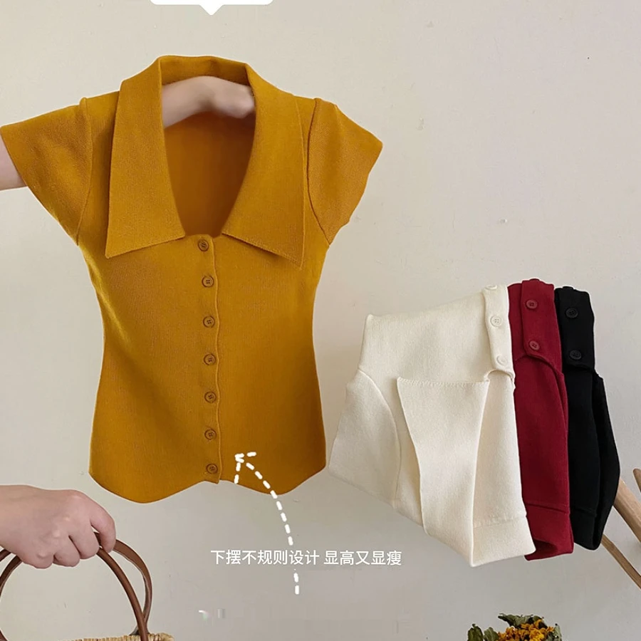 法式博主polo翻领开叉飞飞短袖针织开衫女夏修身洋气小众小衫上衣