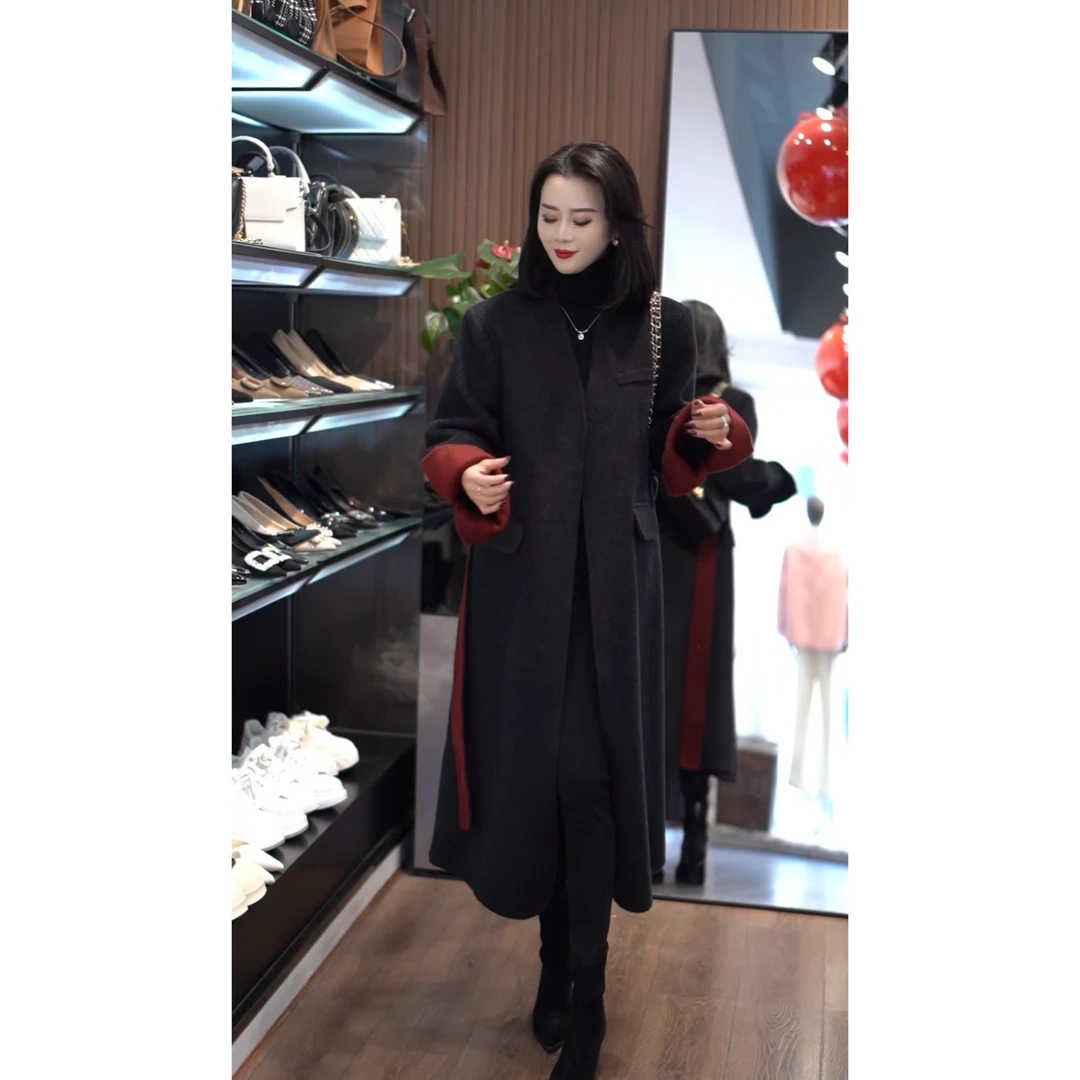 【塞尔】高端时尚撞色双面羊毛大衣8071