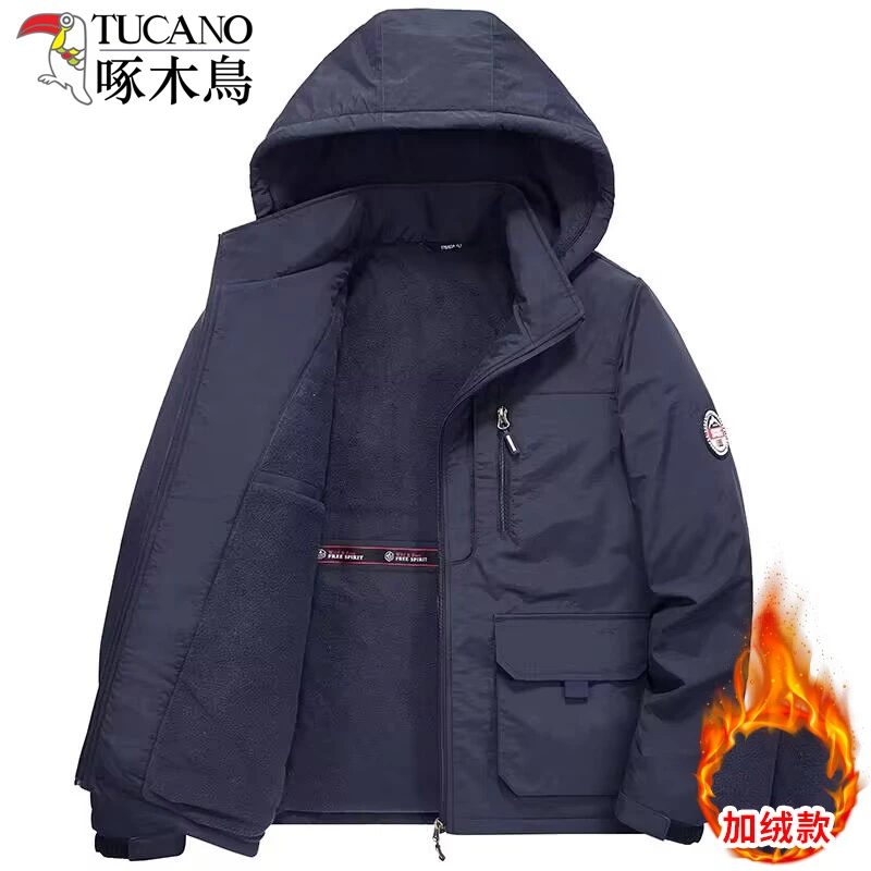 啄木鸟棉衣男2024冬季新款加绒加厚宽松连帽棉袄防风保暖棉服外套