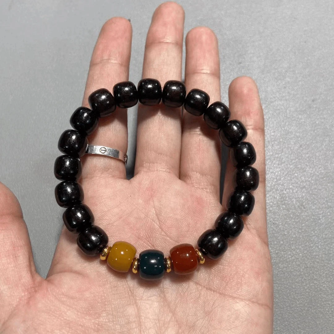 B37黑檀9×8桶珠 三色配色珠单圈手串