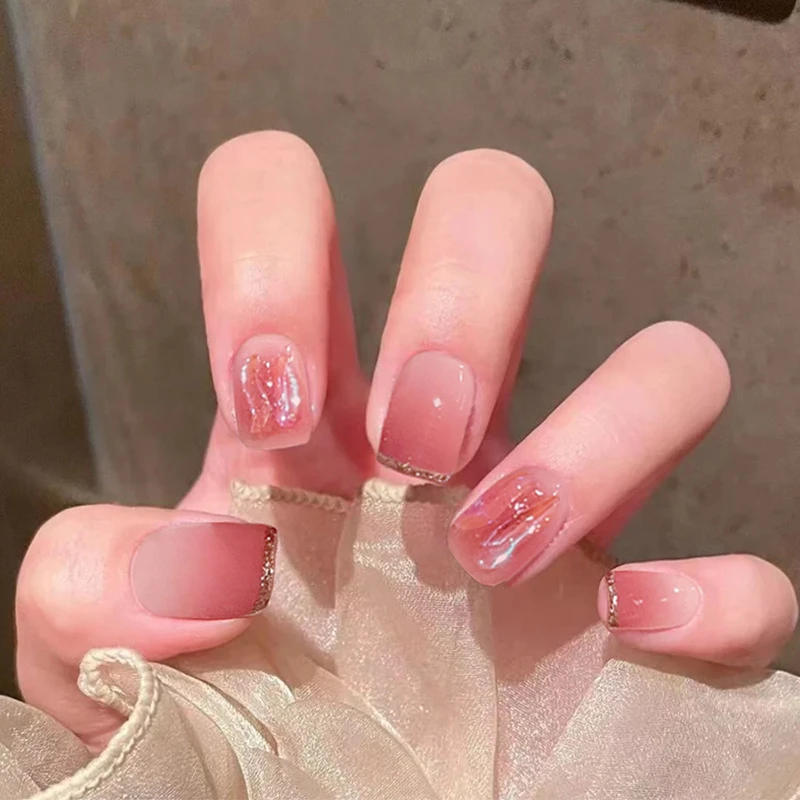 暖色法式粉钻渐变短款穿戴美甲穿戴甲可拆卸假指甲片24片左右/盒