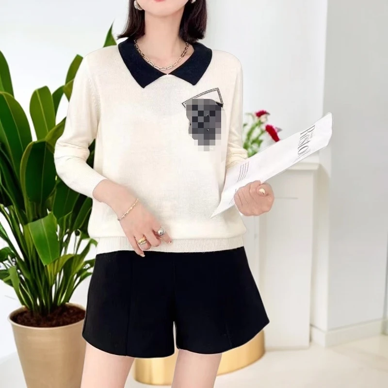 359【长袖假口袋翻领】白高级感气质针织女春秋款