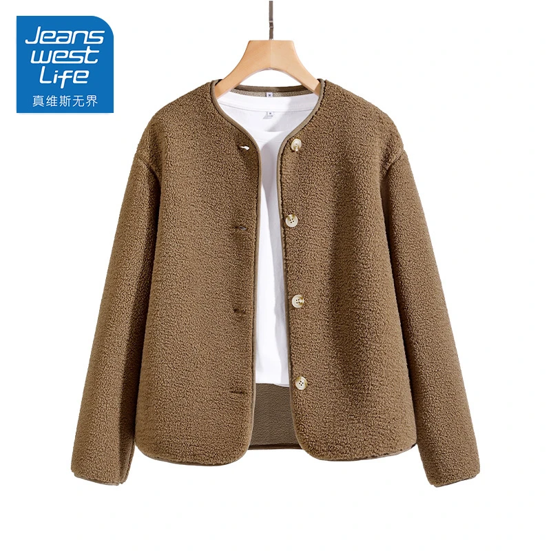 真维斯无界韩系短款外套女2024秋冬新款麦穗绒保暖上衣正肩开衫女