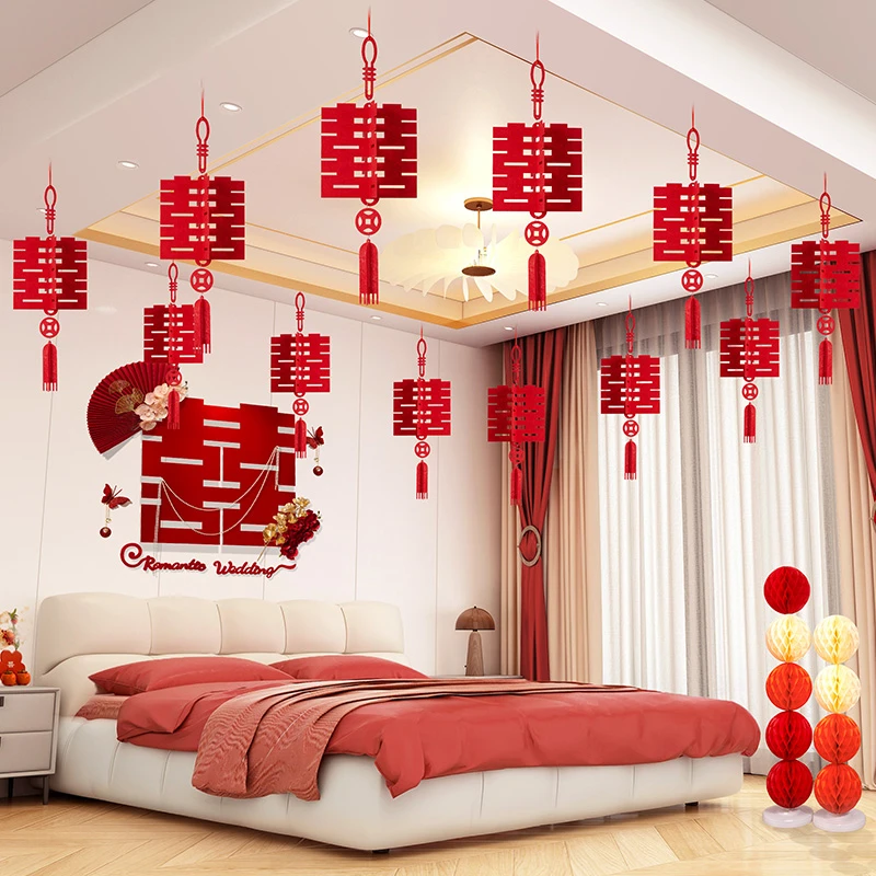 婚房布置套装立体喜字灯笼挂饰结婚客厅新房走廊中式挂件婚礼吊坠