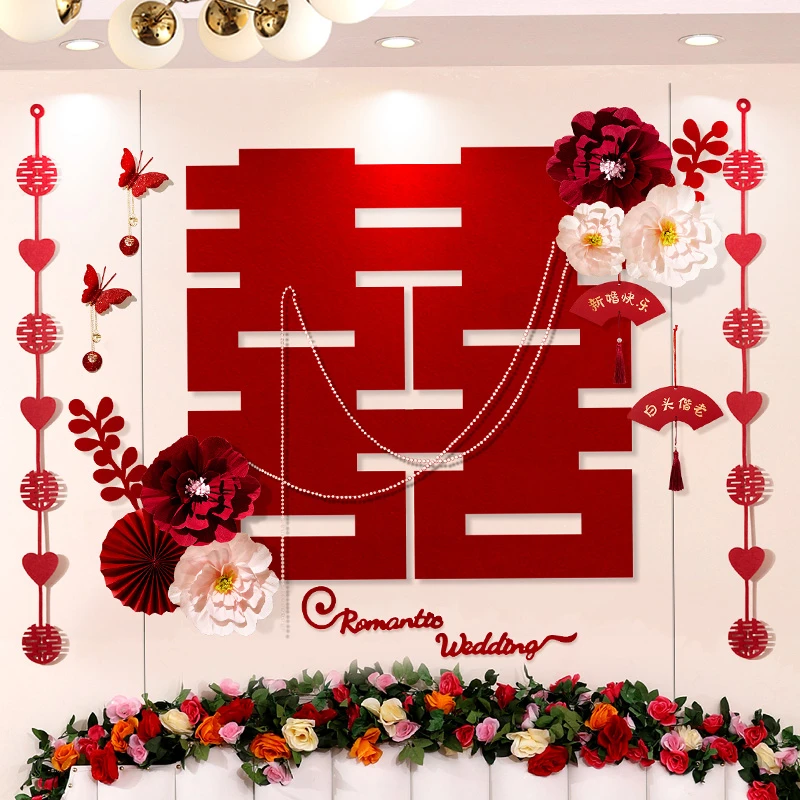 婚房布置女方卧室床头褶皱花套装结婚礼新房高级感背景墙喜字拉花