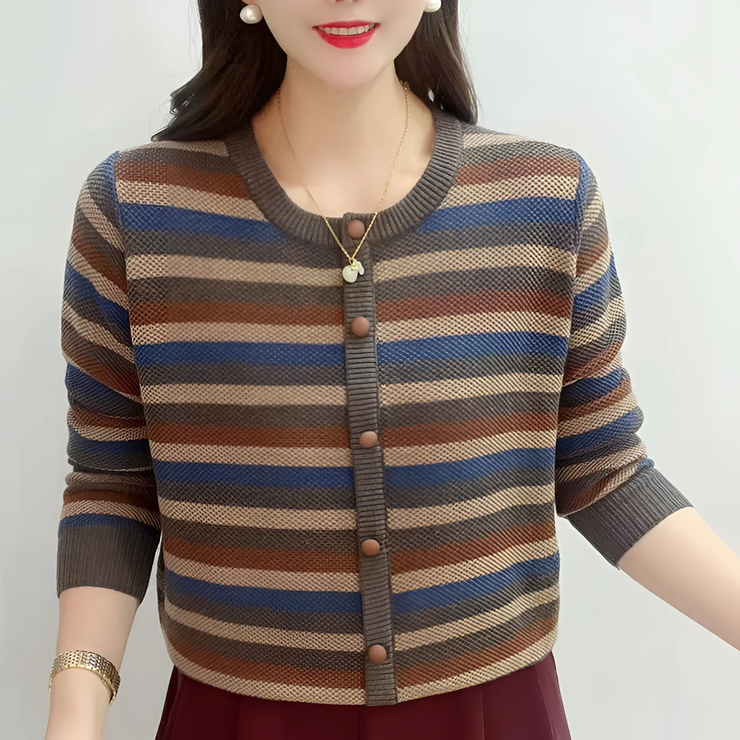 秋冬新款时尚百搭妈妈开衫薄款针织衫女高档洋气彩虹条纹外穿衬衫