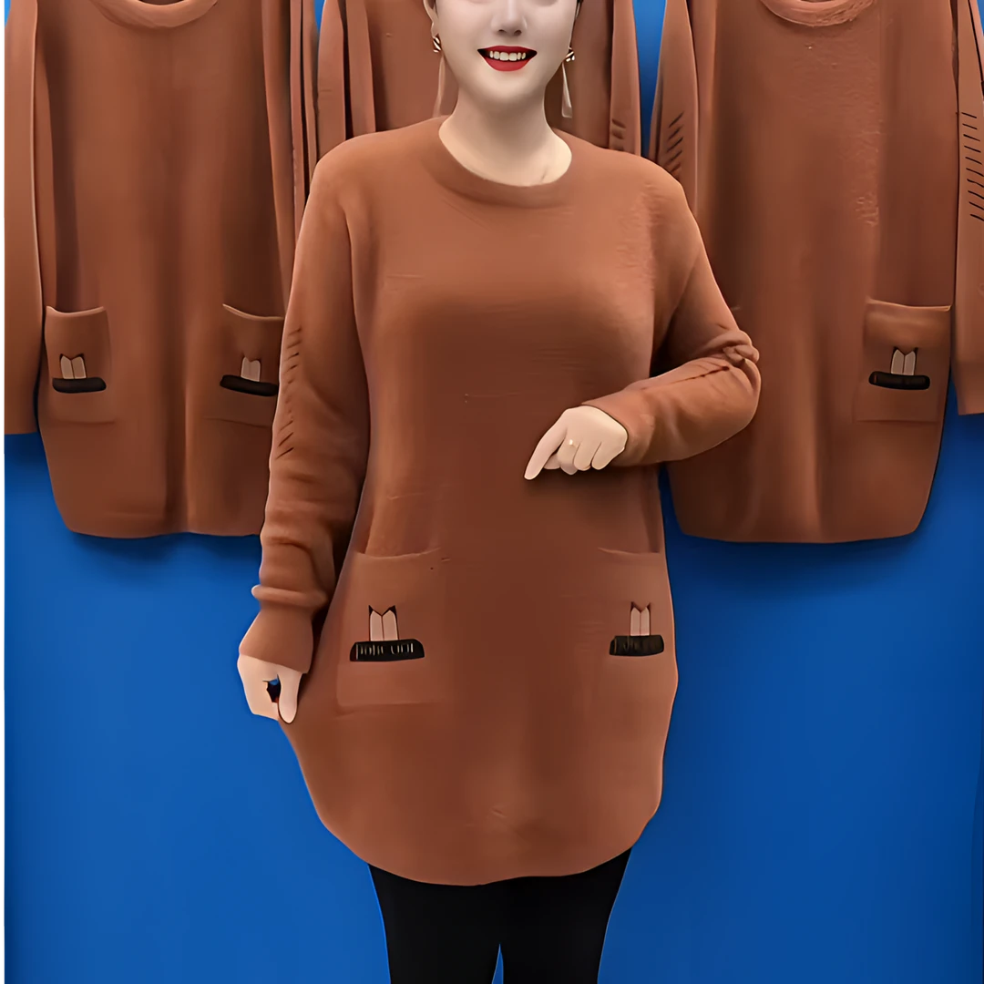 秋冬款中老年妈妈装纯色双兜百搭加厚款毛衣新款宽松长袖套头上衣