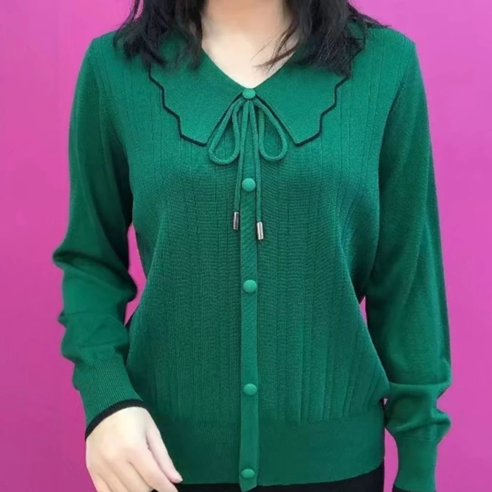 妈妈长袖套头花边领针织衫秋冬新款宽松休闲中年女士百搭打底毛衣