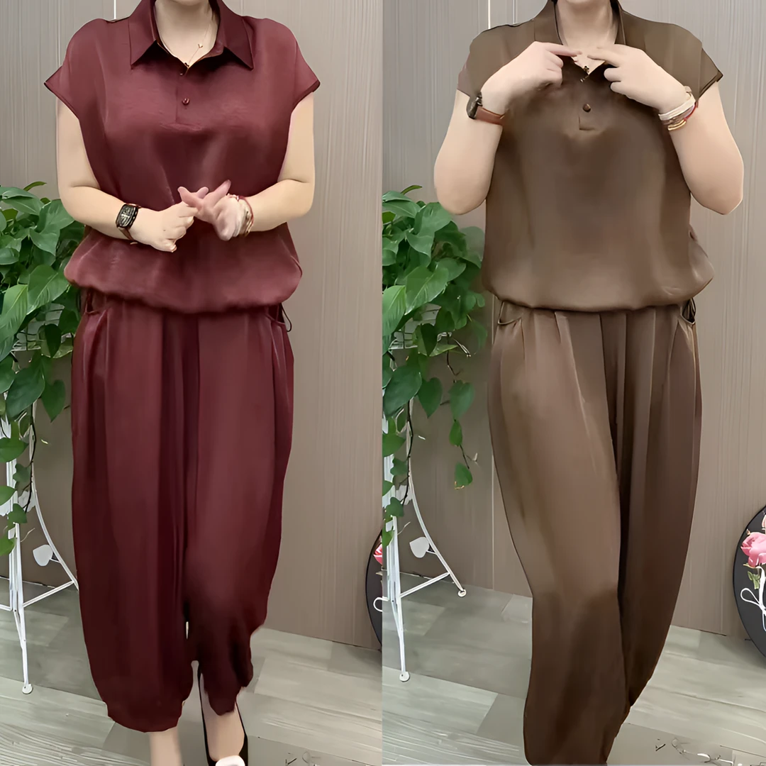 高档百搭纯色衬衫领时尚减龄套装2024新款高端休闲妈妈装两件套
