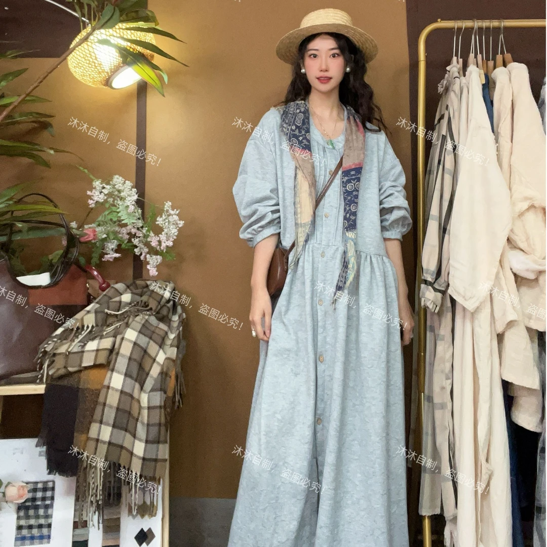 【沐沐自制】L570*秋KE订浅花夹棉*设计感复古文艺**宽松  连衣裙