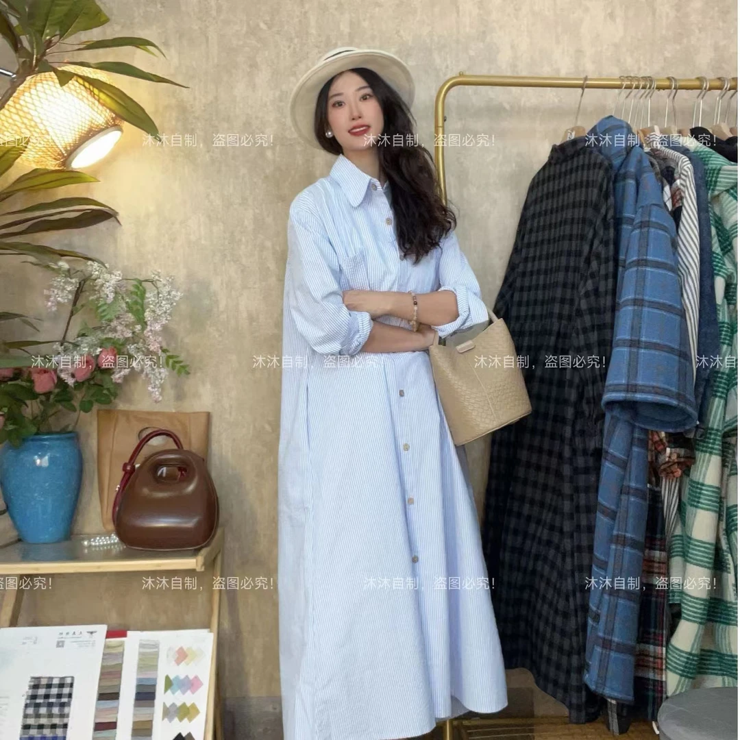 【沐沐自制】825（时光荏苒）免烫文艺条纹衬衫连衣裙显瘦遮肚