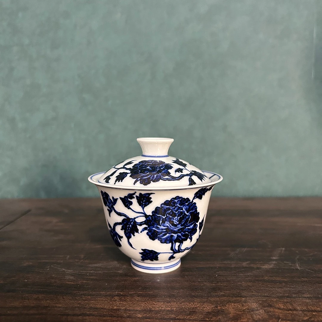 望月御品牡丹盖碗青花纯手工手绘