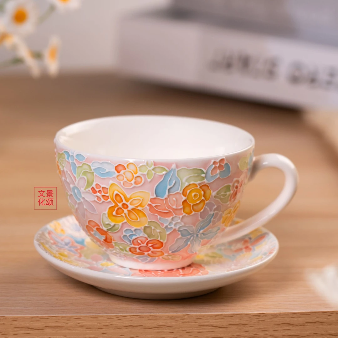 景德镇万花沥线咖啡杯套组手工手绘家用优雅