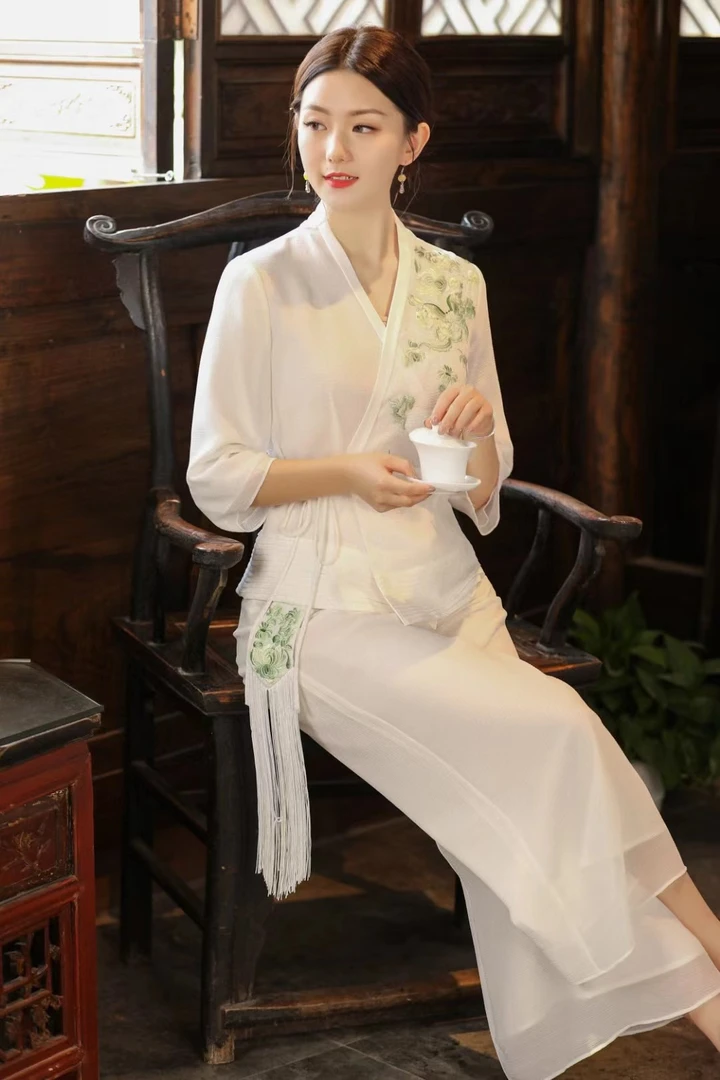 墨娇颜99632中国风夏季气质两件套禅意茶服套装阔腿古风