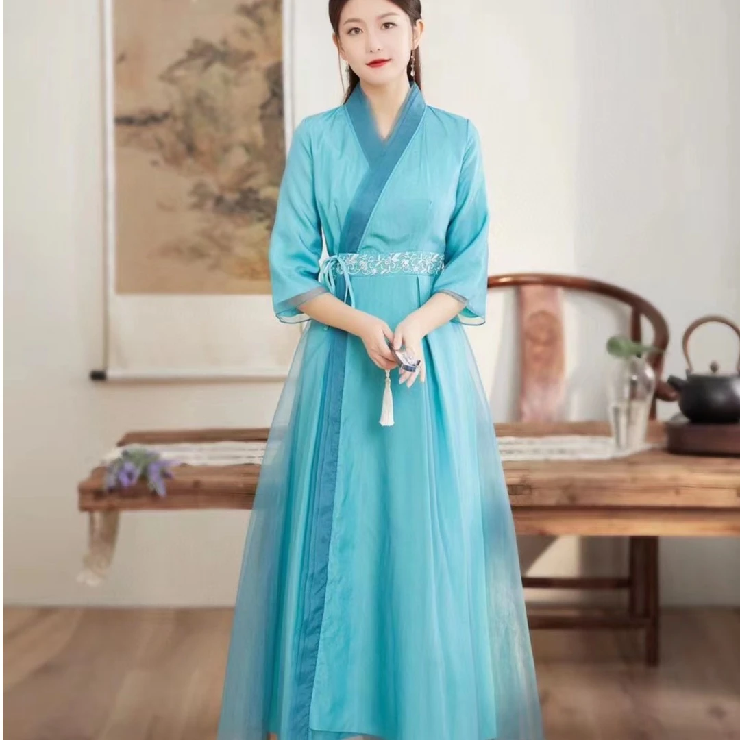 墨娇颜6992 腰间刺绣修身交领系带连衣裙仙气气质中国风日常飘逸