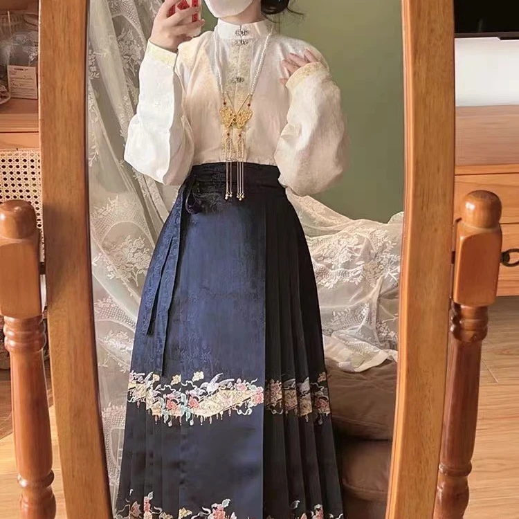 墨娇颜1407新中式汉服衬衫春秋装新款平时可穿汉元素马面裙两件套