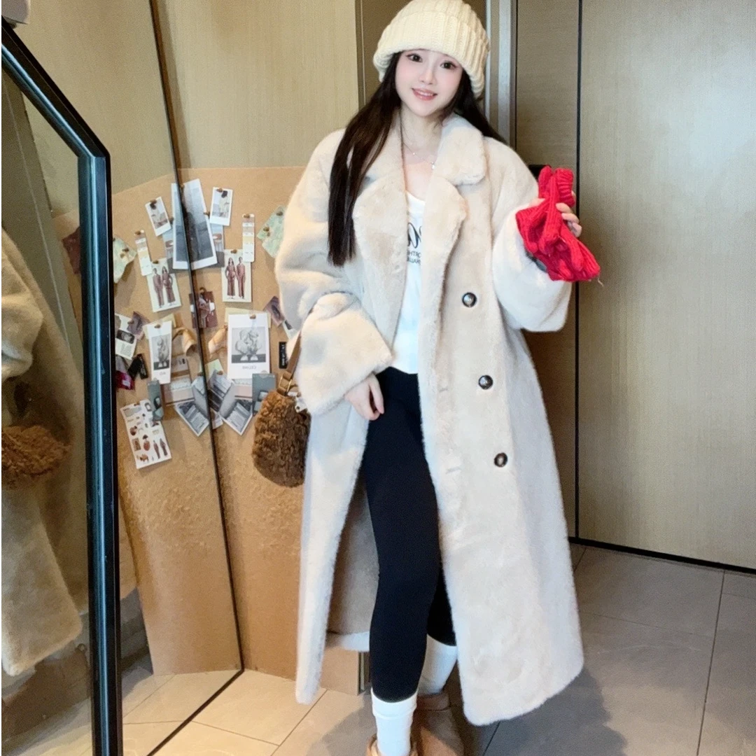 【橙大美丽】2024冬季新款加厚保暖长款西装领宽松毛毛大衣外套