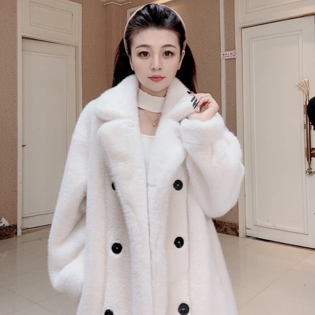 西装领冬装大衣时尚穿搭貂绒加厚保暖百搭双排长款气质风衣大外套