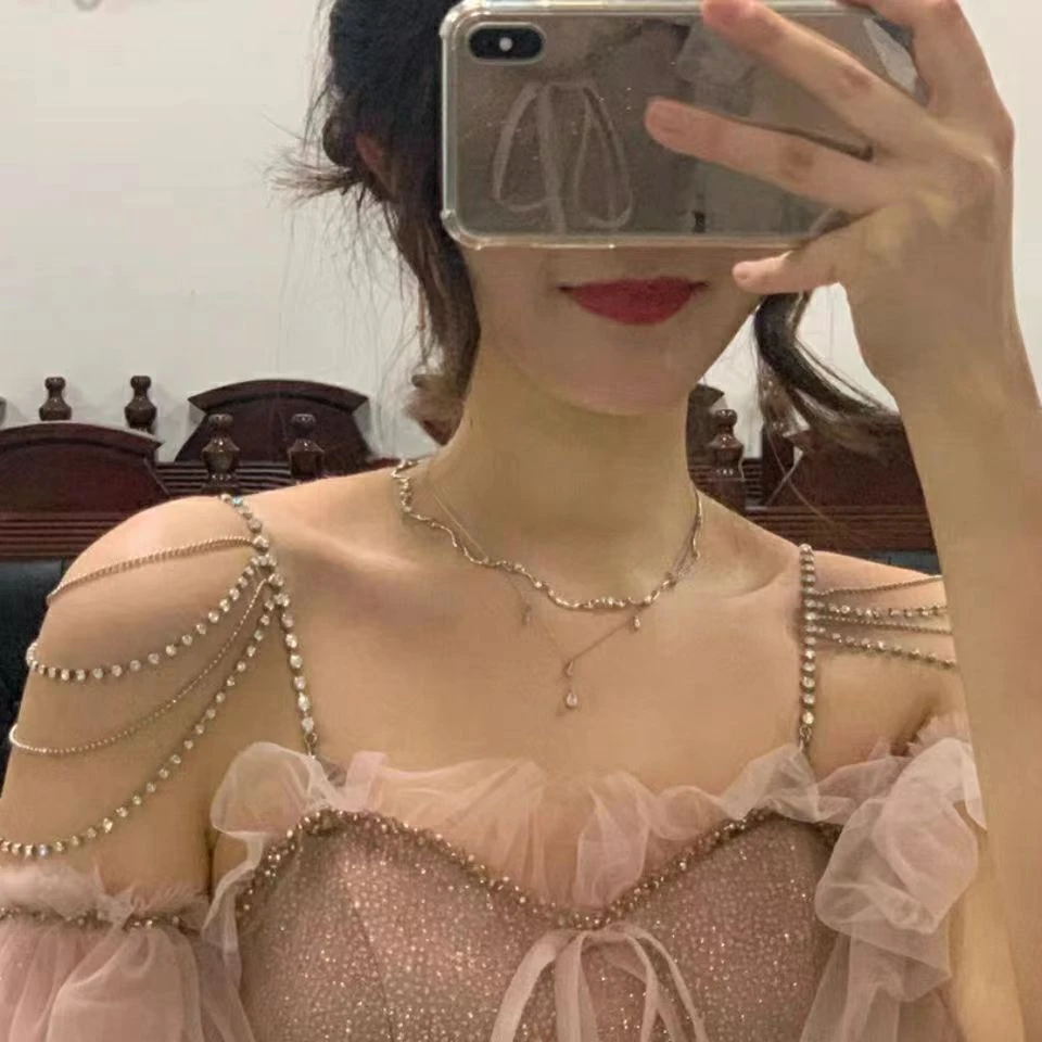 铜项链 欧美爆款礼服配饰气质轻奢婚礼水钻肩链多层吊带链肩饰女