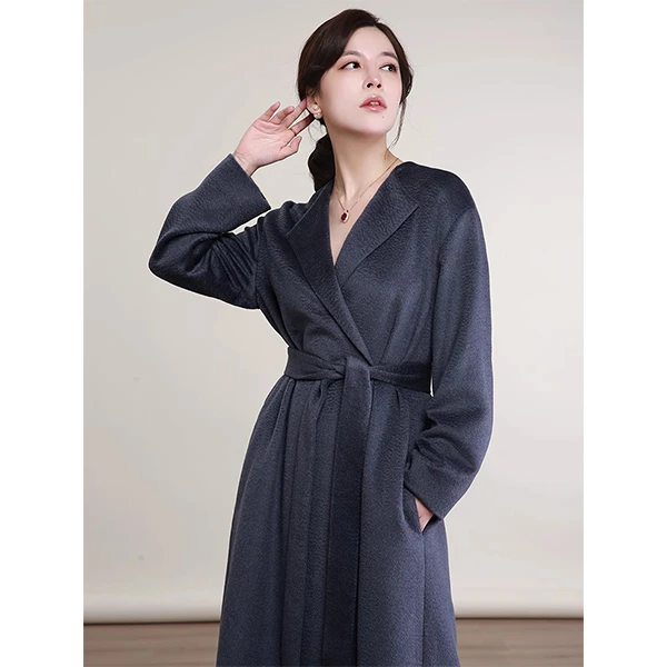 NZ赫本风高级感深藏青色系带收腰水波纹贝贝羊驼毛大衣女羊毛外套