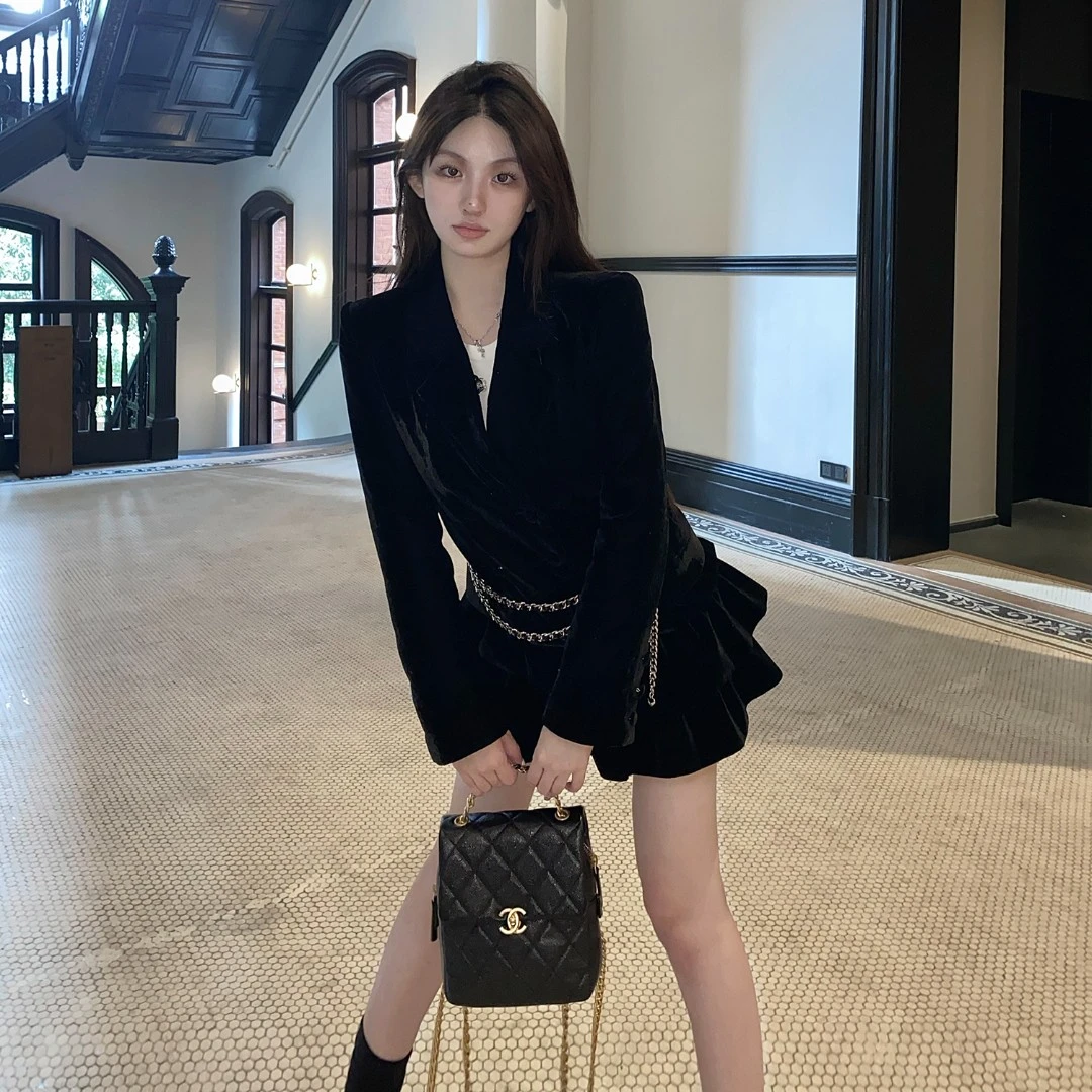 【日落柏丽嘉】丝绒双排扣西装棉服+半裙套装 2163