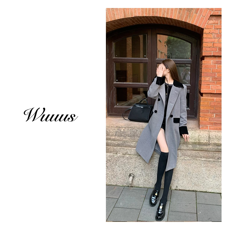 【继承者们】拼接丝绒长款双排扣灰色呢大衣秋冬显瘦时尚气质 2645