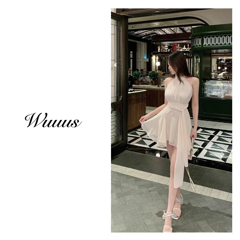WUUUS【你比夜色更温柔】无袖/长袖双版本高腰飘带连衣裙气质2385