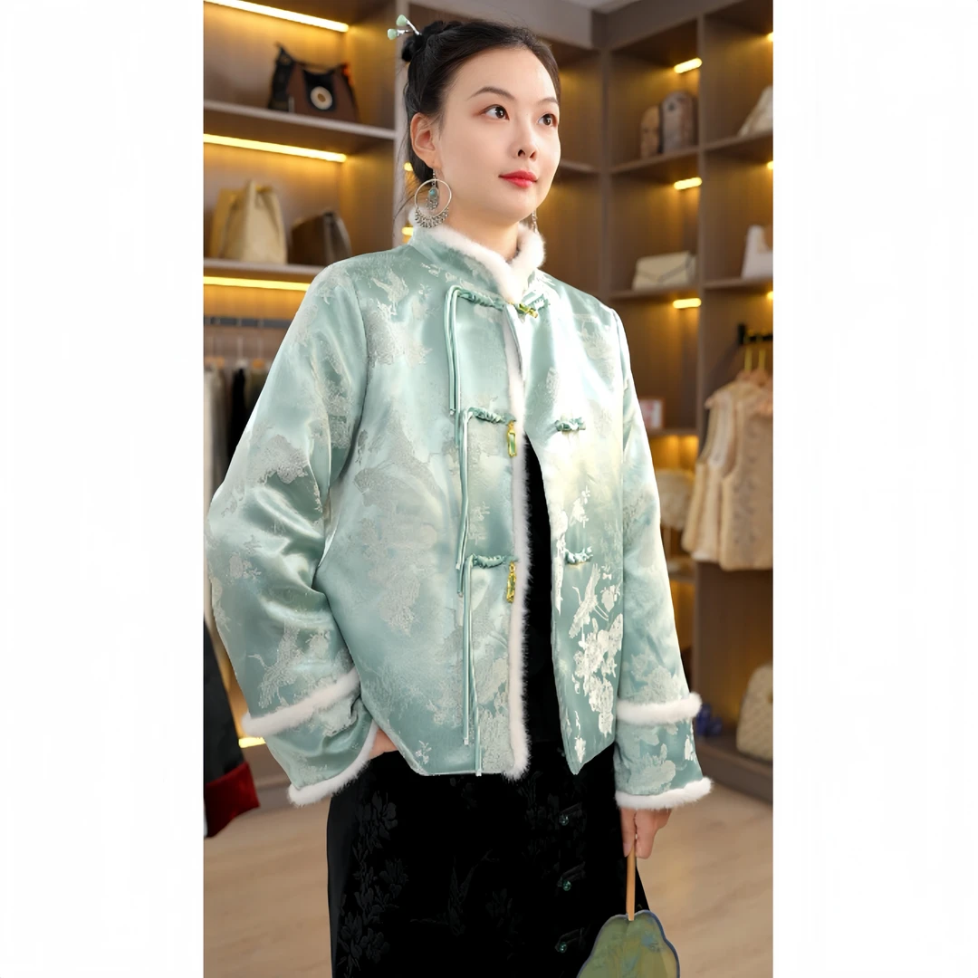 【凝霜】加棉加厚秋冬宽松气质显瘦新中式国风外套立领提花保暖上衣