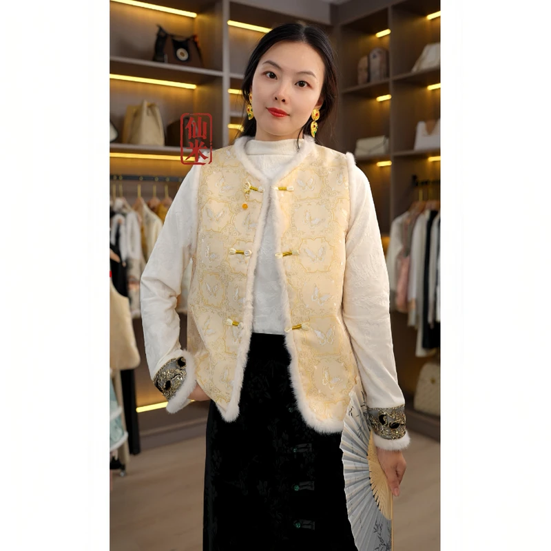 【晚照】新中式国风秋织锦提花加棉加厚马甲宽松显瘦外套马夹女