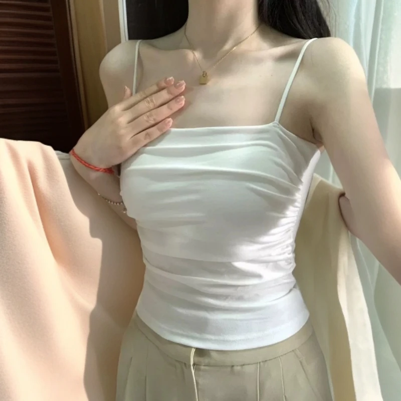 学院风细肩带高级感甜辣纯欲风小个子细肩带褶皱吊带背心女潮E576