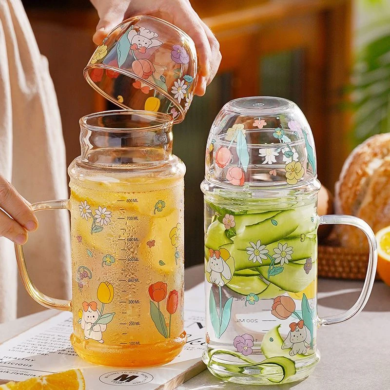 贴花折耳兔带刻度耐热高硼硅玻璃壶办公玻璃杯开水壶一壶一杯C556