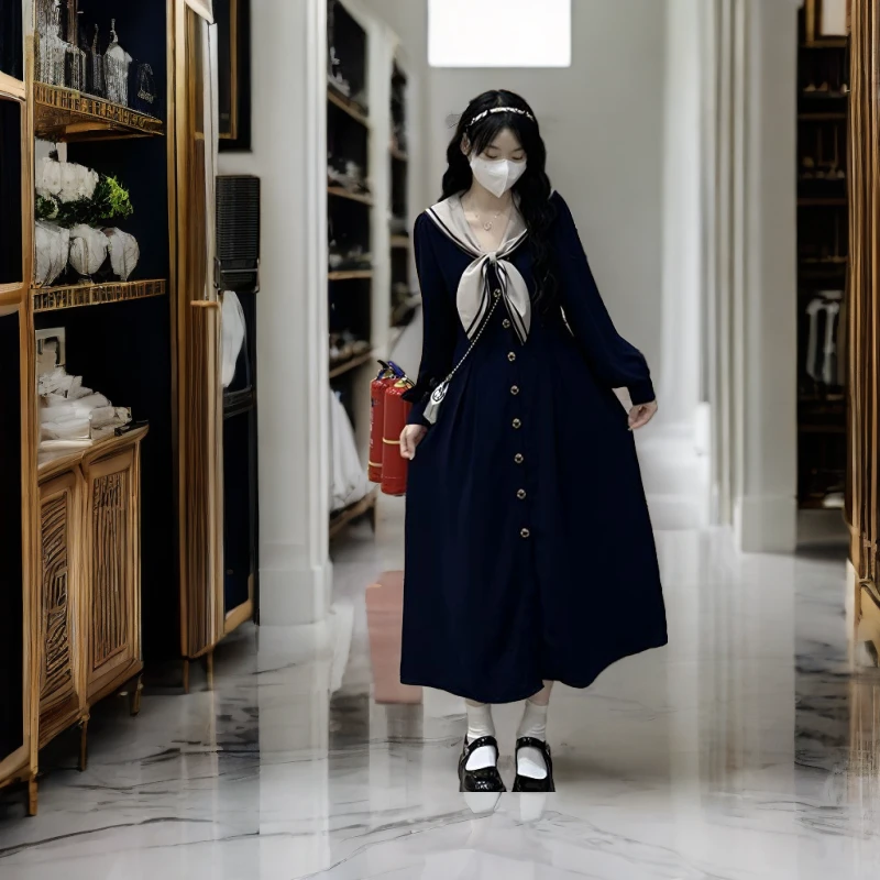 新款气质海军领蝴蝶结显瘦连衣裙法式收腰长裙子长袖学院风裙子