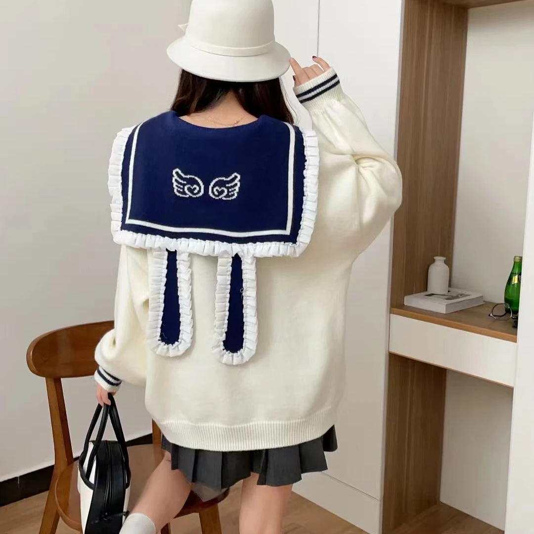 设计感小众学院慵懒风海军领针织上衣甜美初中高中学生简约毛衣