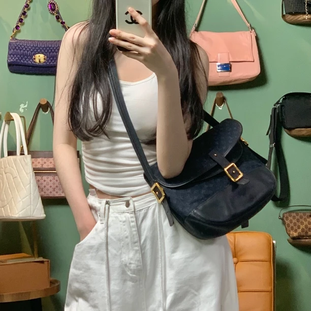 95新 LouisVuitton/路易威登 H649蓝单宁大法棍邮差斜挎包