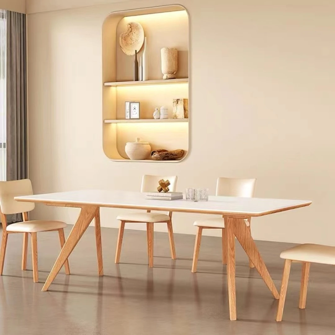 实木白色岩板餐桌奶油风现代简约原木风餐桌纯白岩板原木色餐桌椅