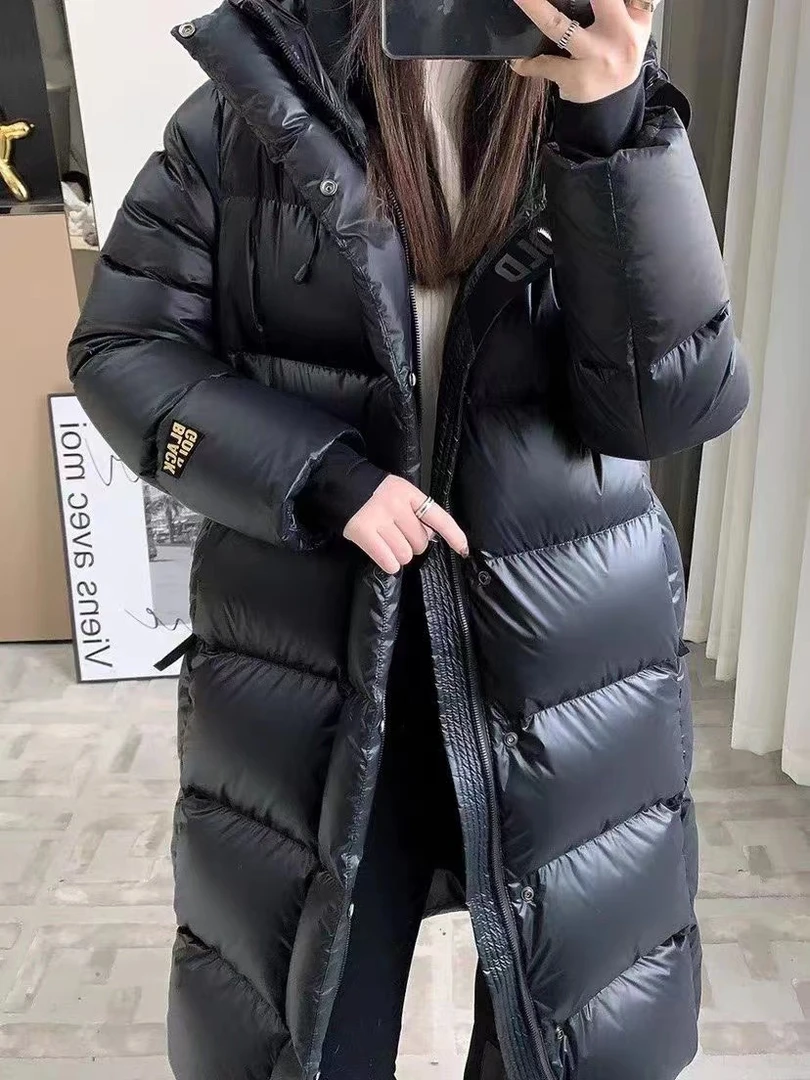 秋冬季情侣长款经典黑色宽松加厚加绒保暖过膝中长款男长款经典帽
