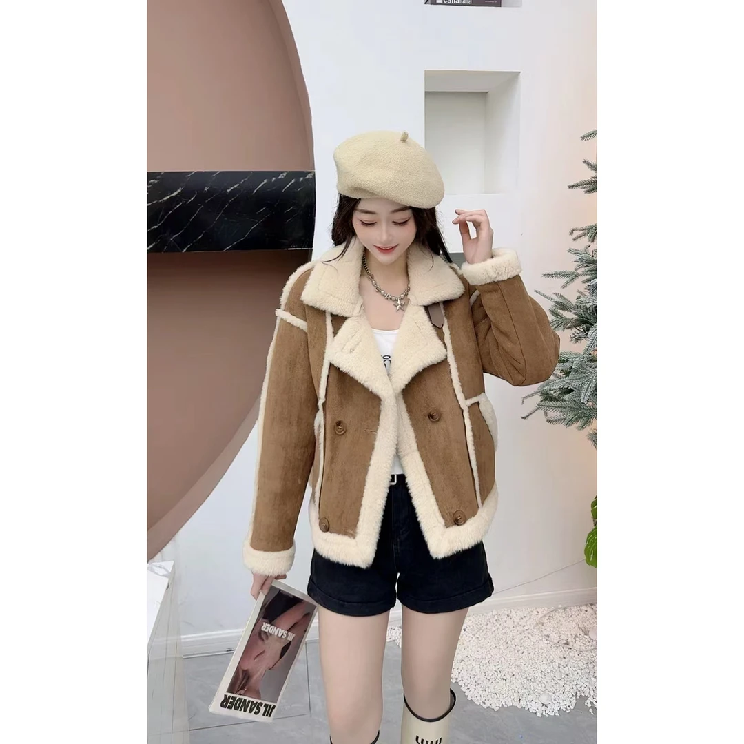 冬季新款宽松显瘦一体宝宝绒机车外套短款加厚秋冬小个子外套