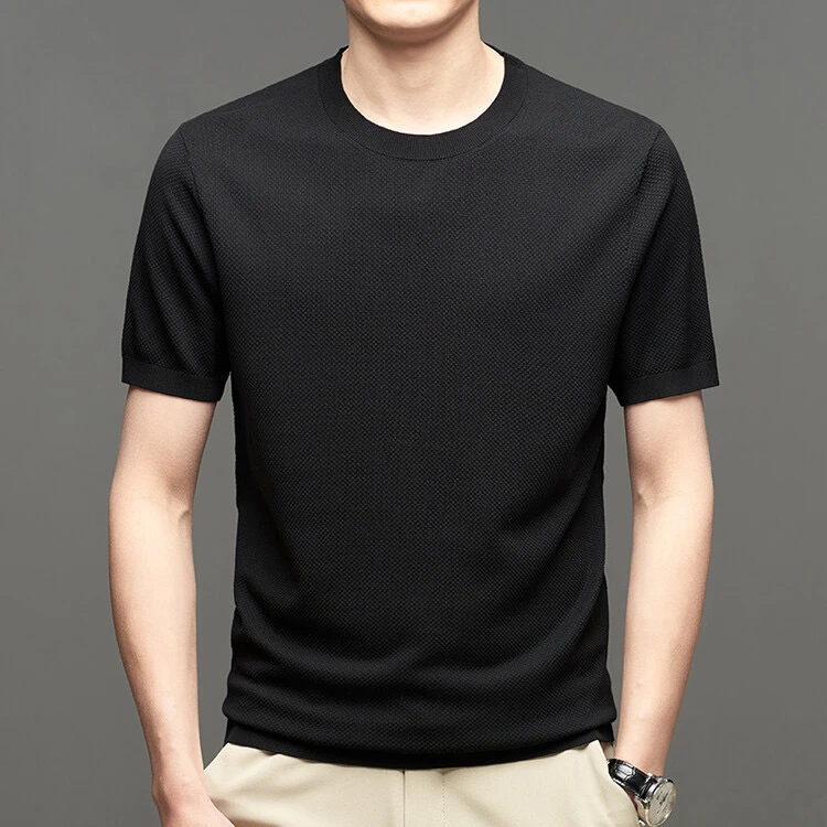 男士夏季薄款菠萝纹圆领短袖商务透气T恤针织纯色百搭休闲舒适