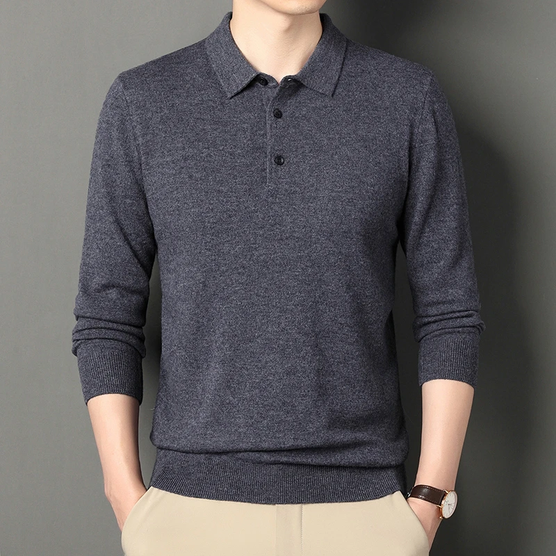男士中年全羊毛翻领纯色秋季针织衫POLO衫商务休闲秋冬长袖时尚