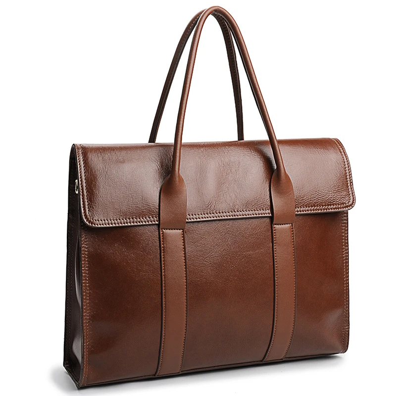 棕色头层牛皮公文包手提商务时尚单肩斜挎电脑包男女律师包文件包